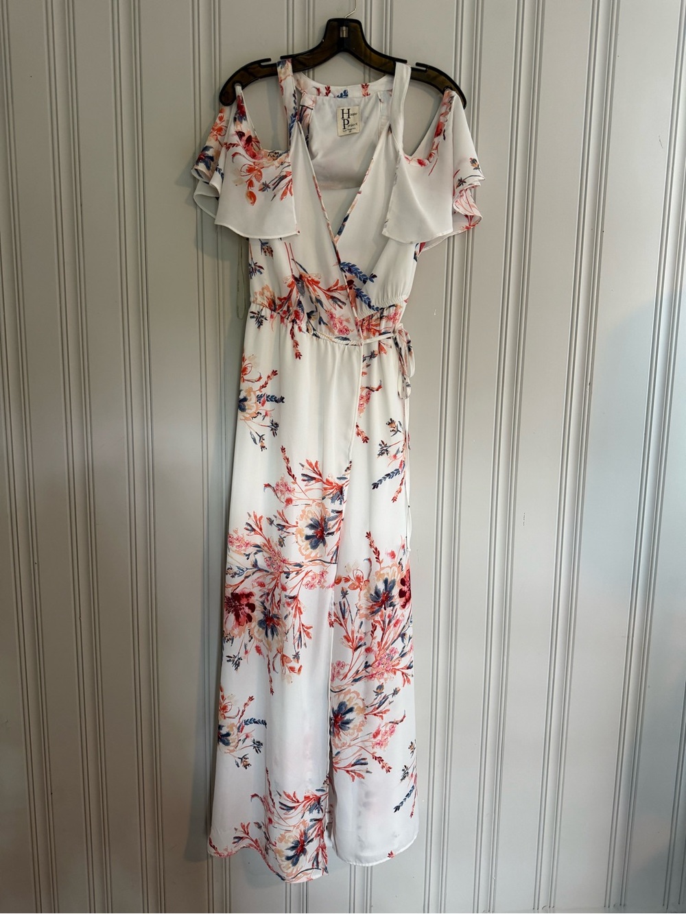 Floral Wrap Maxi Dress in White with Coral & Navy - Cold Shoulder
